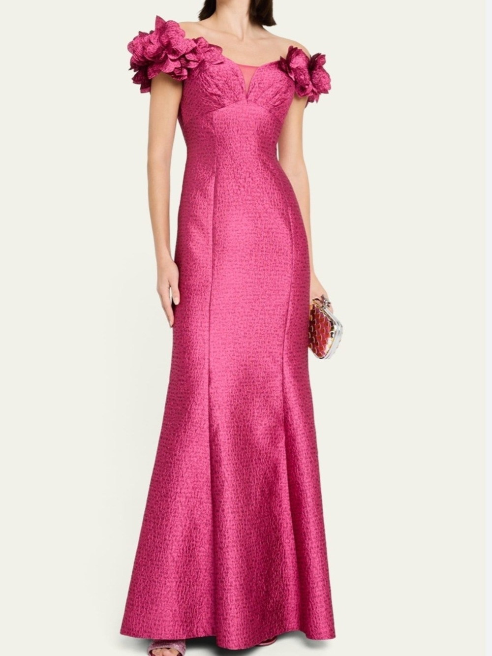 New Teri Jon By Richie Freeman Off-Shoulder Jacquard Gown In Cerise Size 4